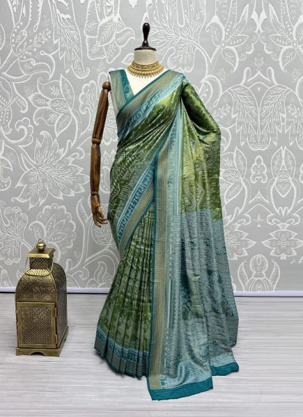 Green & Teal Blue Pure Silk Weaving Saree For Traditional / Religious Occasions