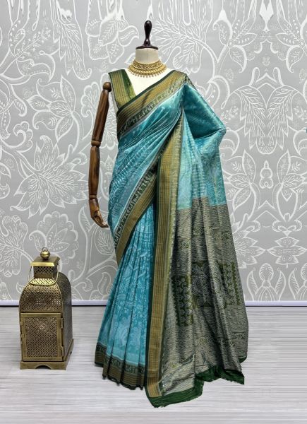 Sky Blue & Green Pure Silk Weaving Saree For Traditional / Religious Occasions