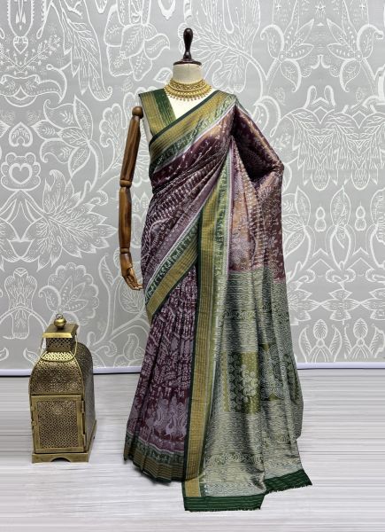 Dark Mauve & Green Pure Silk Weaving Saree For Traditional / Religious Occasions