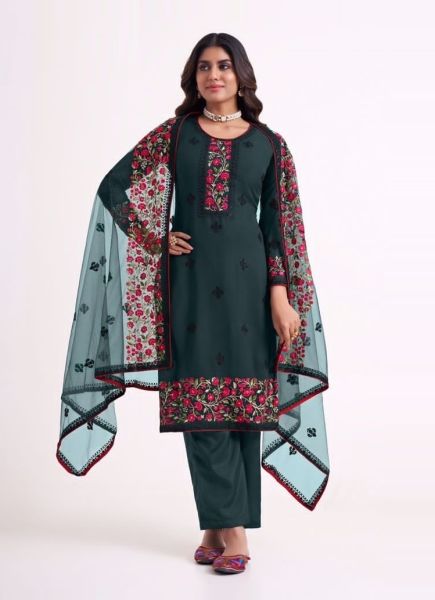 Dark Teal Blue Georgette Sequins, Zari, Embroidery & Thread-Work Ramadan-Special Pant-Bottom Salwar Kameez