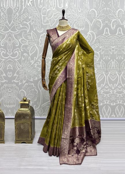 Olive Green Pure Silk Weaving Saree For Traditional / Religious Occasions