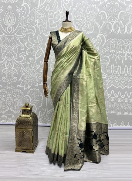 Pista Green Pure Silk Weaving Saree For Traditional / Religious Occasions