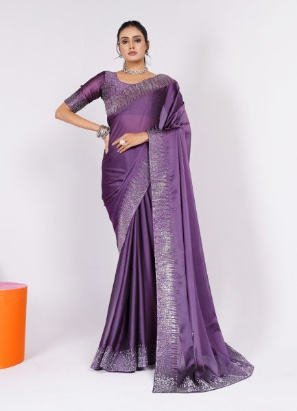 Violet Rangoli Silk Swarovski Work Party-Wear Boutique-Style Saree