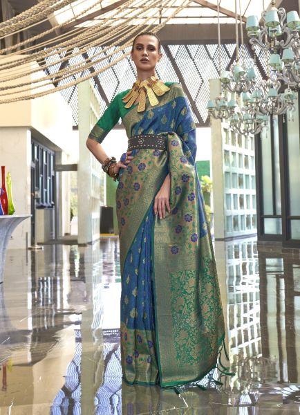 Blue & Sea Green Silk Weaving Festive-Wear Handloom Saree