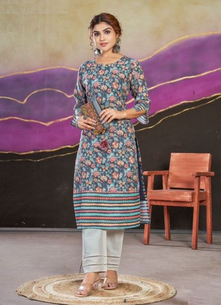 Dark Blue Poly Cotton Printed Office-Wear Readymade Kurti With Pant