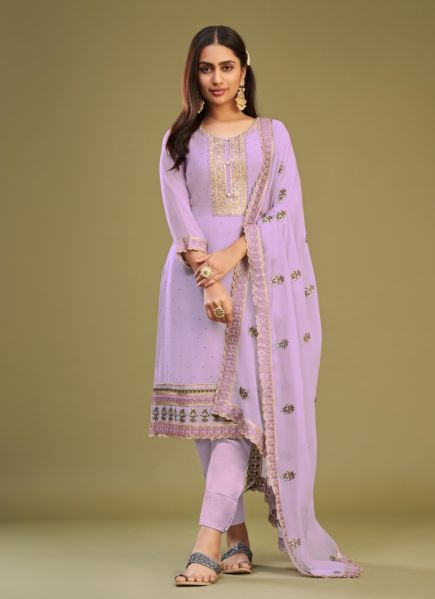 Lilac Georgette Thread-Work Ramadan Special Straight-Cut Salwar Kameez