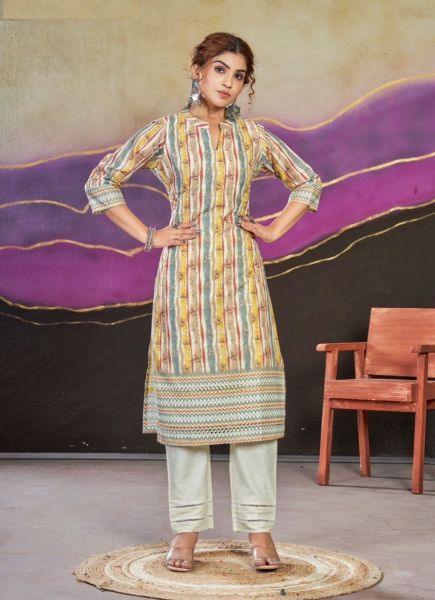 Yellow Poly Cotton Printed Office-Wear Readymade Kurti With Pant