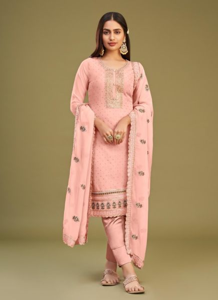 Pink Georgette Thread-Work Ramadan Special Straight-Cut Salwar Kameez
