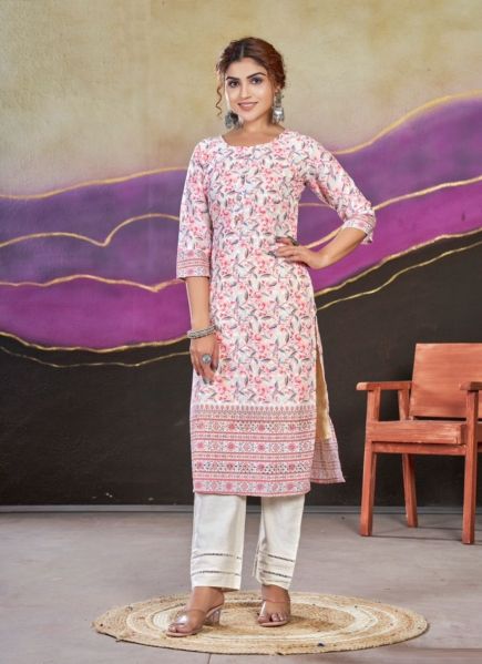 White Poly Cotton Printed Office-Wear Readymade Kurti With Pant