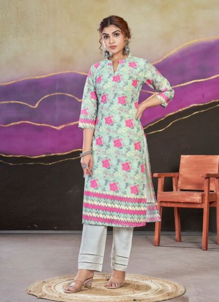 Light Mint Green Poly Cotton Printed Office-Wear Readymade Kurti With Pant