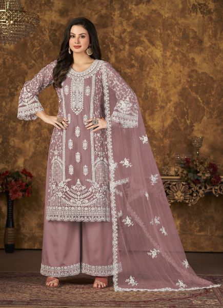 Rosy Brown Net With Cording Embroidery & Thread-Work Party-Wear Pant-Bottom Salwar Kameez