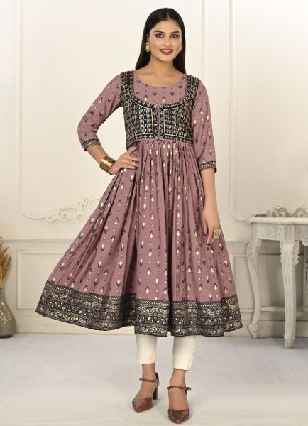 Mauve & Black Cotton Handprinted Readymade Anarkali Kurti For Traditional / Religious Occasions
