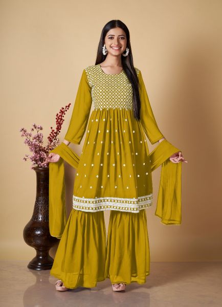 Dark Mustard Yellow Georgette Thread-Work Festive-Wear Gharara-Bottom Readymade Salwar Kameez