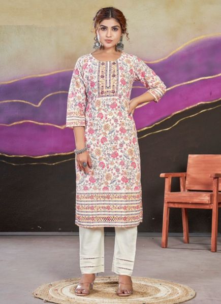 White Poly Cotton Printed Office-Wear Readymade Kurti With Pant