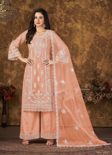 Light Salmon Net With Cording Embroidery & Thread-Work Party-Wear Pant-Bottom Salwar Kameez
