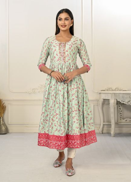 Light Mint Green Cotton Handprinted Readymade Anarkali Kurti For Traditional / Religious Occasions