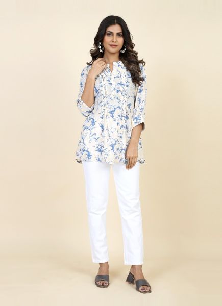 White Rayon Wrinkle Printed Office-Wear Readymade Short Top
