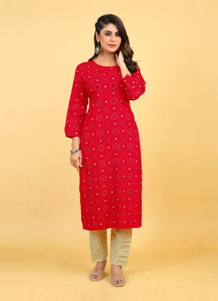 Red Rayon Printed Festive-Wear Straight-Line Readymade Kurti