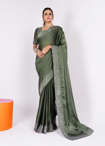 Sage Green Rangoli Silk Swarovski Work Party-Wear Boutique-Style Saree
