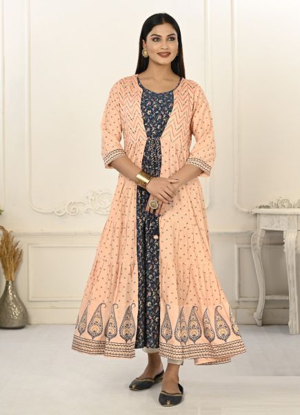 Peach & Navy Blue Cotton Handprinted Readymade Anarkali Kurti For Traditional / Religious Occasions