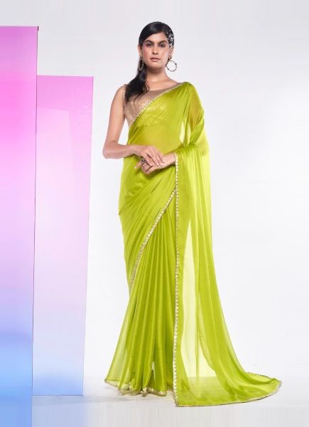Lime Green Georgette Sequins-Work Party-Wear Boutique-Style Saree