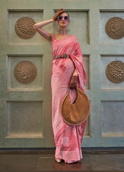 Pink Chanderi Cotton Weaving With Lakhnavi Work Party-Wear Sequins-Work Saree