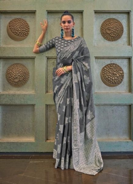 Gray Chanderi Cotton Weaving With Lakhnavi Work Party-Wear Sequins-Work Saree