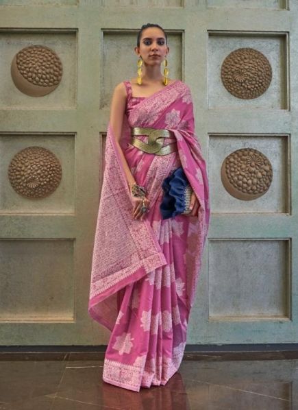 Dark Pink Chanderi Cotton Weaving With Lakhnavi Work Party-Wear Sequins-Work Saree