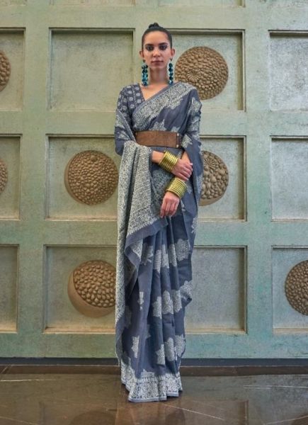 Navy Blue Chanderi Cotton Weaving With Lakhnavi Work Party-Wear Sequins-Work Saree