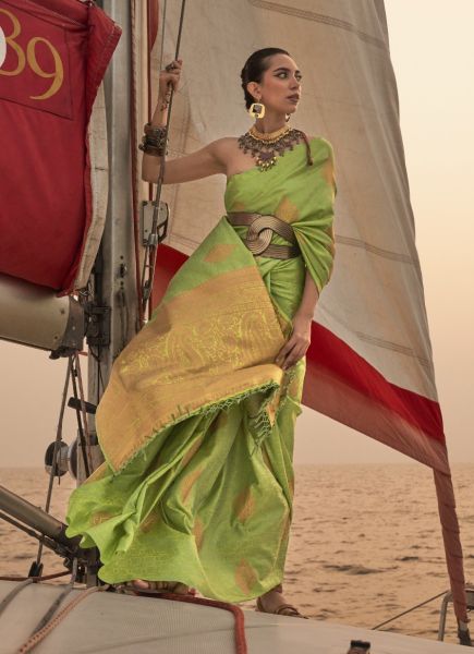 Light Green Satin Handloom Weaving Party-Wear Saree