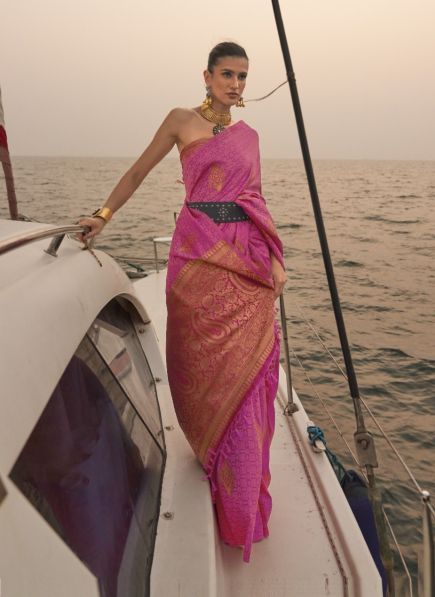 Pink Satin Handloom Weaving Party-Wear Saree