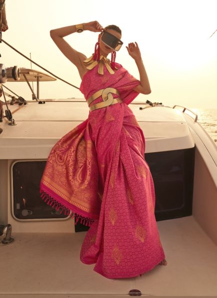 Dark Pink Satin Handloom Weaving Party-Wear Saree