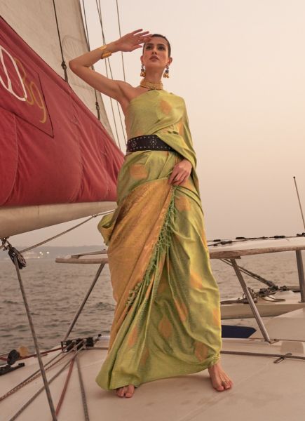 Light Olive Green Satin Handloom Weaving Party-Wear Saree