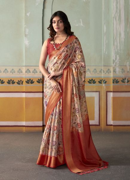 Light Pink Tissue Silk Handloom Digitally Printed Saree For Traditional / Religious Occasions