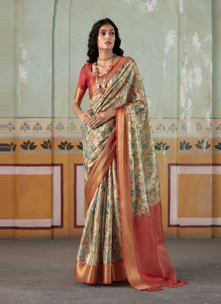 Light Beige Tissue Silk Handloom Digitally Printed Saree For Traditional / Religious Occasions