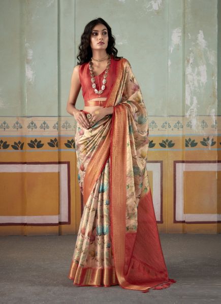 Light Peach Tissue Silk Handloom Digitally Printed Saree For Traditional / Religious Occasions