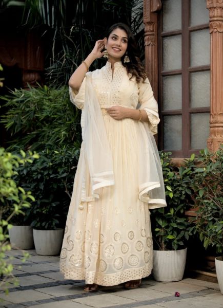 Light Cream Pure Georgette Mirror-Work Party-Wear Readymade Gown With Dupatta