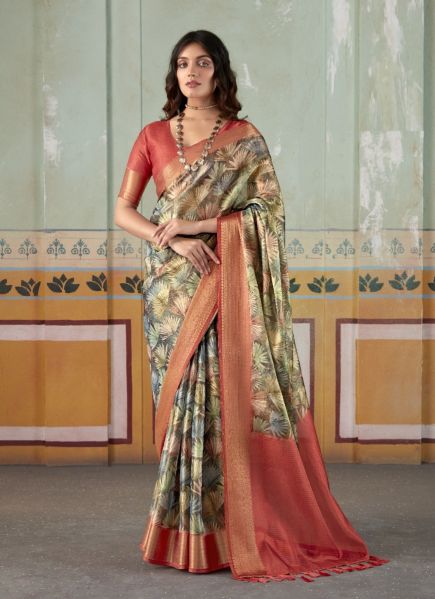 Multicolor Tissue Silk Handloom Digitally Printed Saree For Traditional / Religious Occasions