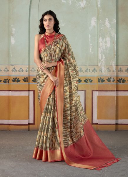 Light Brown Tissue Silk Handloom Digitally Printed Saree For Traditional / Religious Occasions