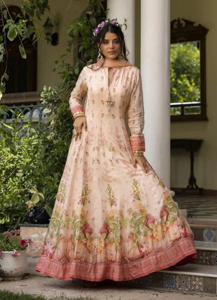 Light Pink Dola Jacquard Digitally Printed Gown With Dupatta For Kitty Parties