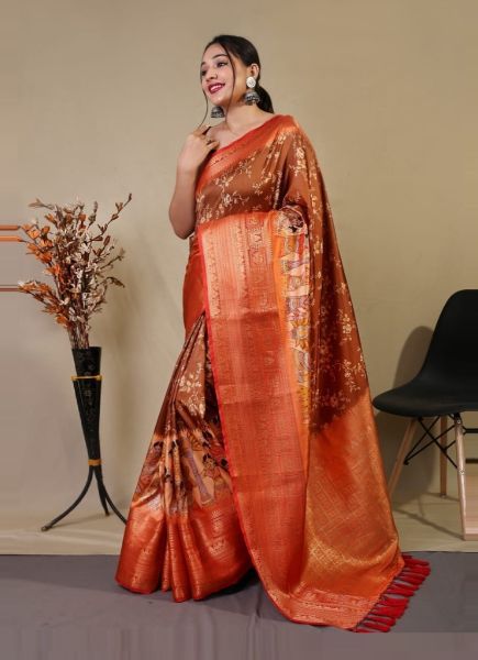 Copper Brown Kanjivaram Silk Digitally Printed Saree for Traditional / Religious Occasions