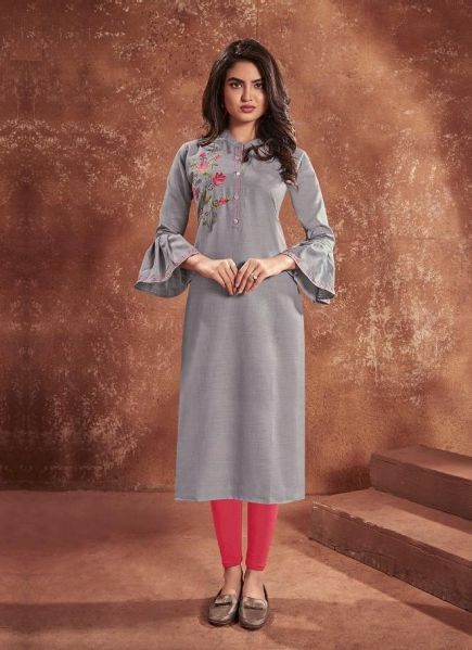 Gray Cotton With Embroidery Work & Balloon Sleeves Readymade Kurti