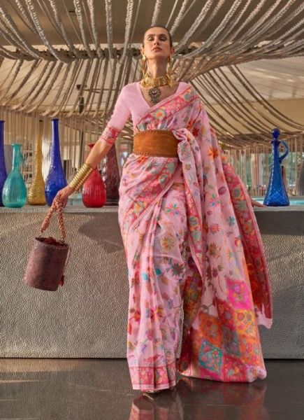 Baby Pink Silk Handloom Weaving Party-Wear Saree