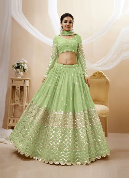 Light Green Georgette Sequins-Work Wedding-Wear Lehenga Choli