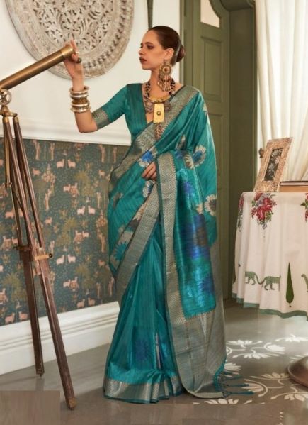Teal Blue Silk Handloom Weaving Festive-Wear Saree [Kalki Koechlin Collection]