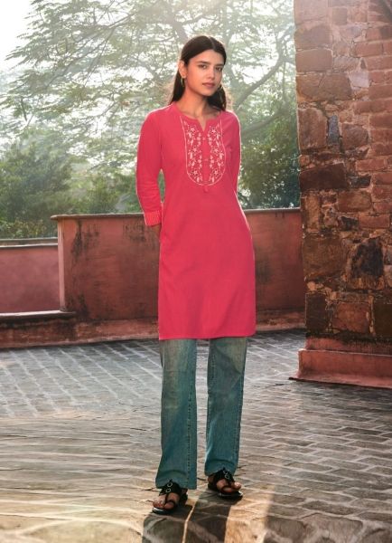 Crimson Red Cotton Embroidered Office-Wear Straight-Line Readymade Kurti