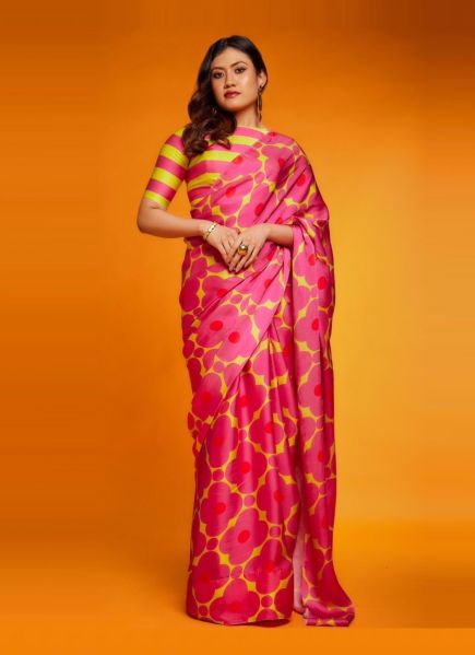 Pink & Yellow Satin Digitally Printed Party-Wear Carnival Saree