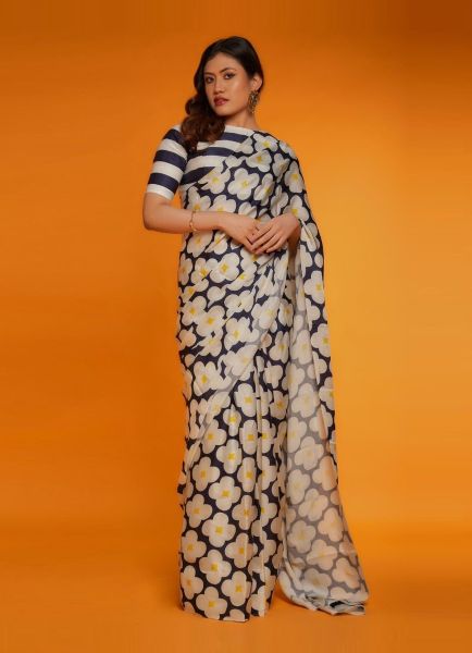 Off White & Blue Satin Digitally Printed Party-Wear Carnival Saree