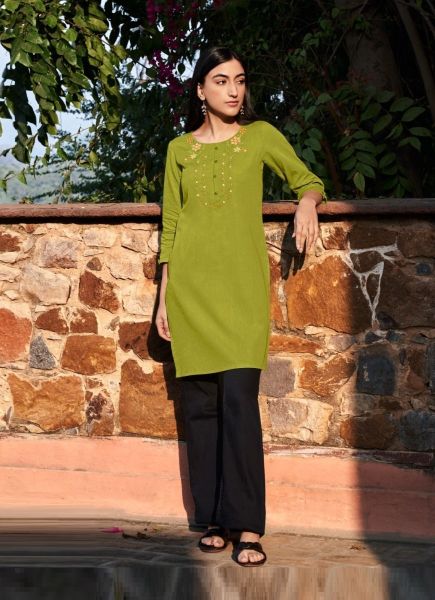 Parrot Green Cotton Embroidered Office-Wear Straight-Line Readymade Kurti