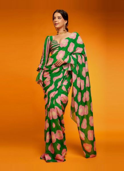 Green & Pink Satin Digitally Printed Party-Wear Carnival Saree